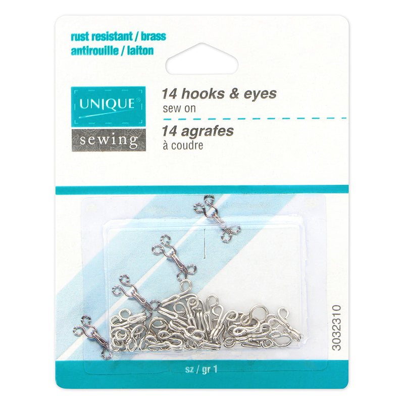 UNIQUE SEWING Hooks & Eyes Silver - size 1 - 14 sets